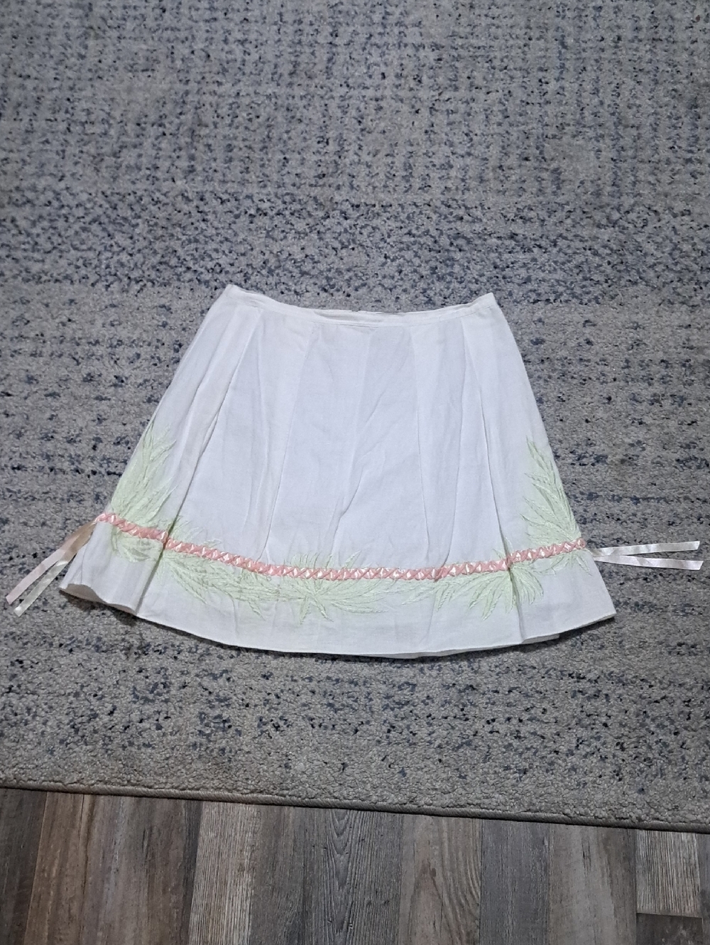 White Midi Skirt with Pink Ribbon and Green Embroidery